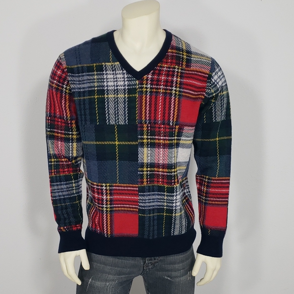 NWT CREMIEUX 100% EXTRA FINE MERINO WOOL PATCHWORK PLAID SWEATER MEN'S L